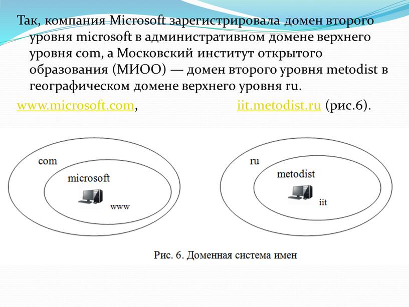 Так, компания Microsoft зарегистрировала домен второго уровня microsoft в административном домене верхнего уровня com, а