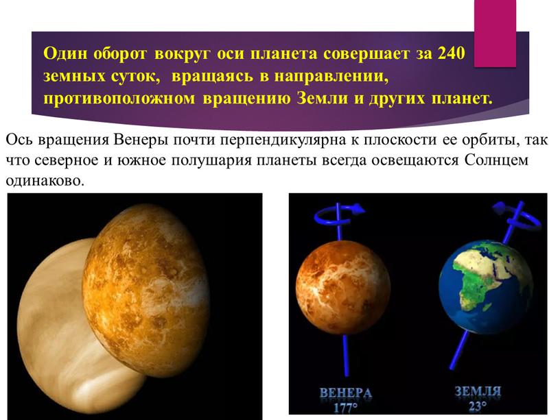 Один оборот вокруг оси планета совершает за 240 земных суток, вращаясь в направлении, противоположном вращению