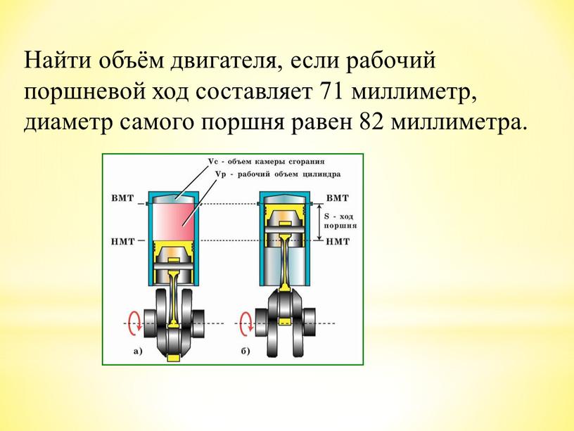 Найти объём двигателя, если рабочий поршневой ход составляет 71 миллиметр, диаметр самого поршня равен 82 миллиметра