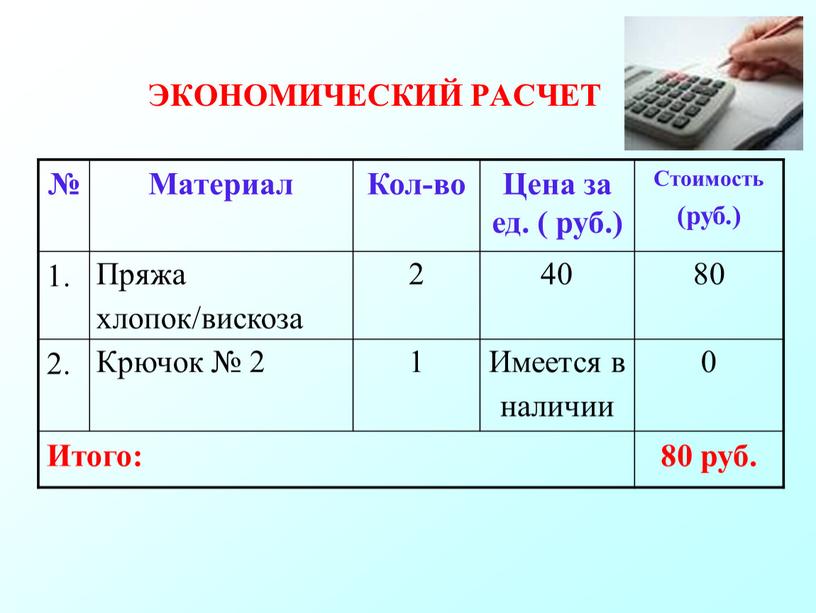 ЭКОНОМИЧЕСКИЙ РАСЧЕТ № Материал