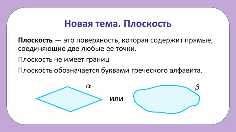 Новая тема. Плоскость Плоскость — это поверхность, которая содержит прямые, соединяющие две любые ее точки