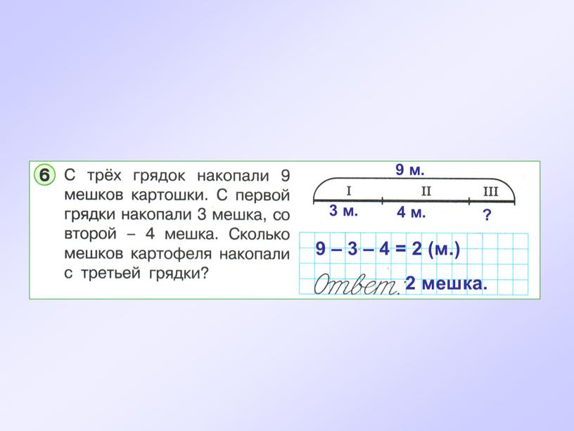 9 – 3 – 4 = 2 (м.) 2 мешка.