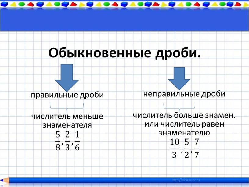 Обыкновенные дроби. неправильные дроби числитель больше знамен