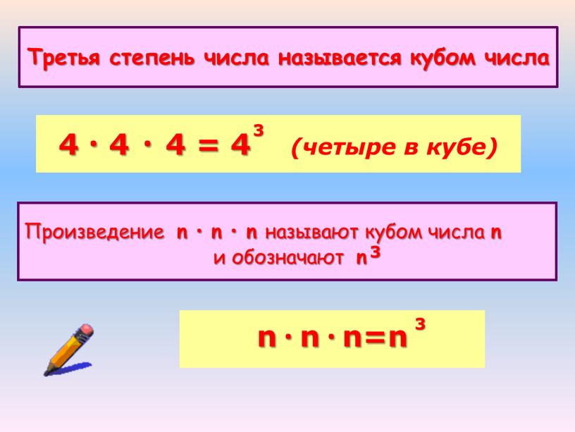 Третья степень числа называется кубом числа 4 · 4 · 4 = 4 (четыре в кубе)