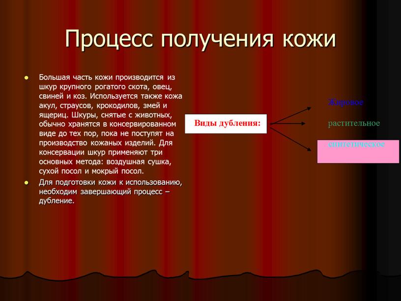 Процесс получения кожи Большая часть кожи производится из шкур крупного рогатого скота, овец, свиней и коз