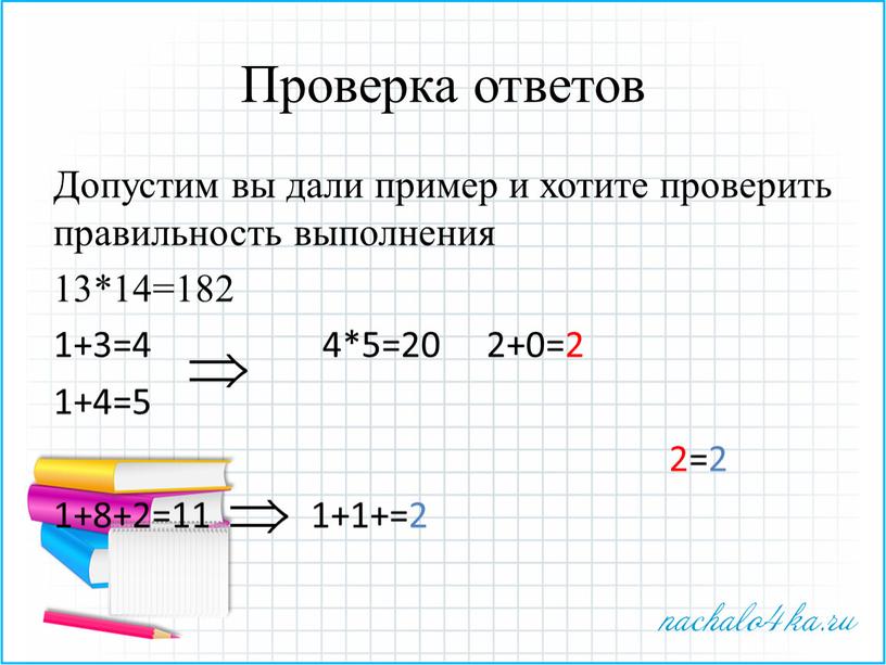 Проверка ответов Допустим вы дали пример и хотите проверить правильность выполнения 13*14=182 1+3=4 4*5=20 2+0=2 1+4=5 2=2 1+8+2=11 1+1+=2