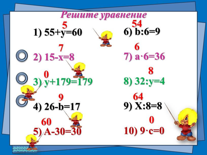 Решите уравнение 1) 55+y=60 2) 15-x=8 3) y+179=179 4) 26-b=17 5)