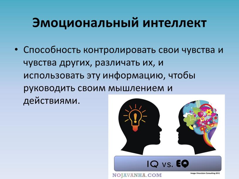 Эмоциональный интеллект Способность контролировать свои чувства и чувства других, различать их, и использовать эту информацию, чтобы руководить своим мышлением и действиями