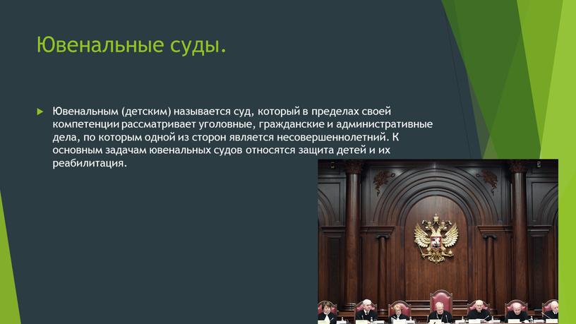 Ювенальные суды. Ювенальным (детским) называется суд, который в пределах своей компетенции рассматривает уголовные, гражданские и административные дела, по которым одной из сторон является несовершеннолетний