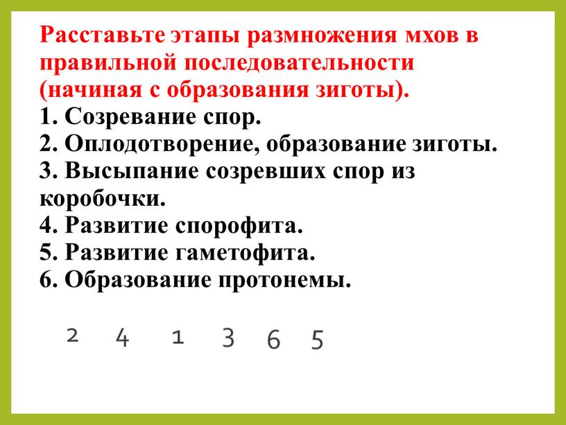 Расставьте этапы размножения мхов в правильной последовательности (начиная с образования зиготы)