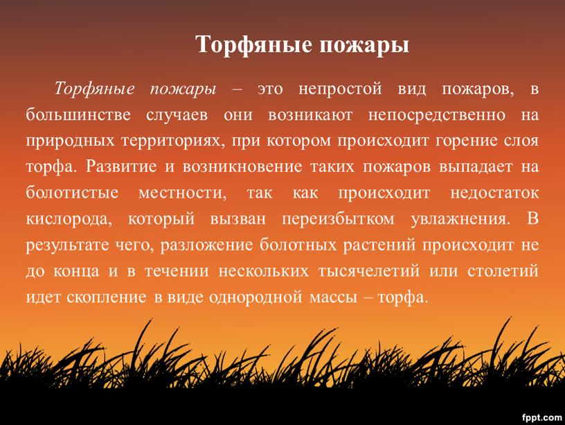 Торфяные пожары – это непростой вид пожаров, в большинстве случаев они возникают непосредственно на природных территориях, при котором происходит горение слоя торфа