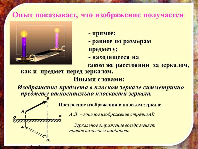 Опыт показывает, что изображение получается : - прямое; - равное по размерам предмету; - находящееся на таком же расстоянии за зеркалом, как и предмет перед…