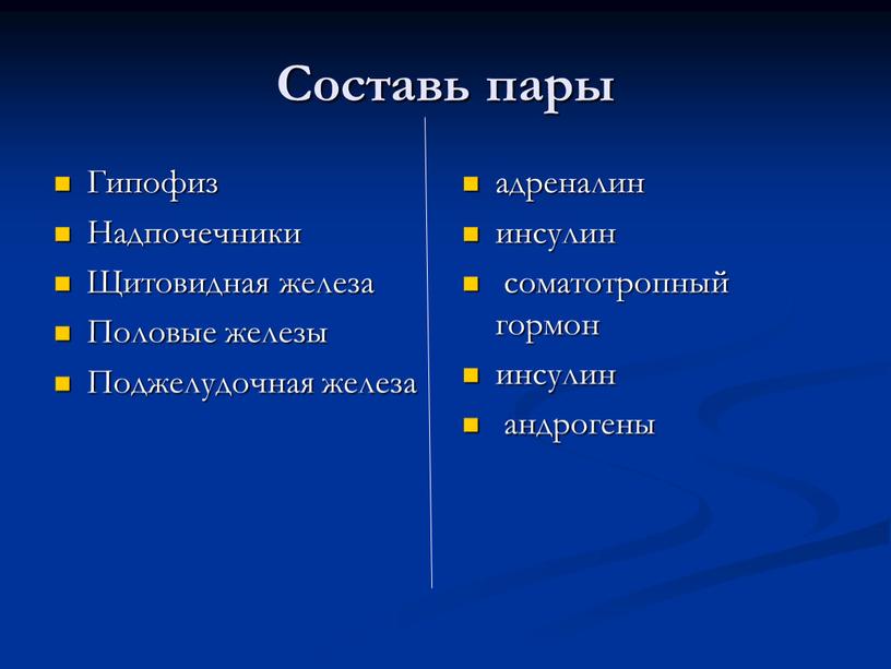 Составь пары Гипофиз Надпочечники