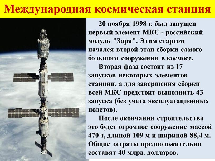 Международная космическая станция 20 ноября 1998 г