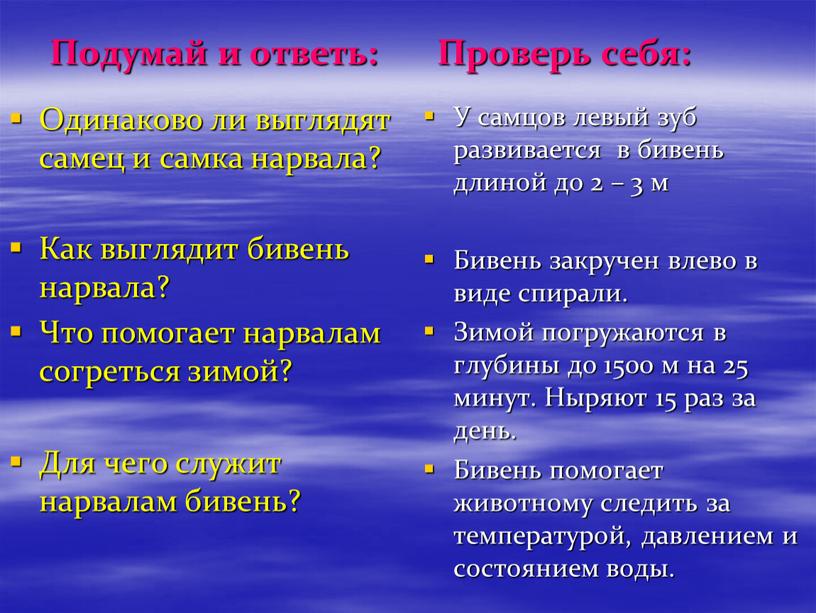 Подумай и ответь: Одинаково ли выглядят самец и самка нарвала?