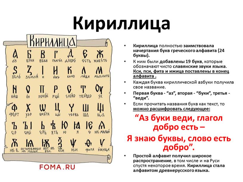 Кириллица Кириллица полностью заимствовала начертания букв греческого алфавита (24 буквы)