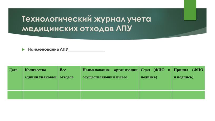 Технологический журнал учета медицинских отходов