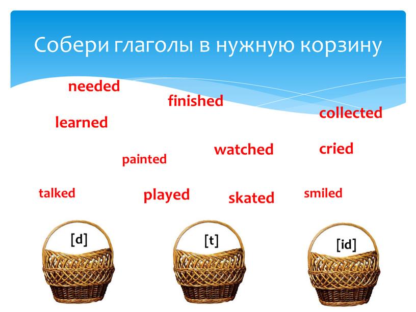 Собери глаголы в нужную корзину watched learned collected played smiled talked painted cried skated finished [d] [t] [id] needed