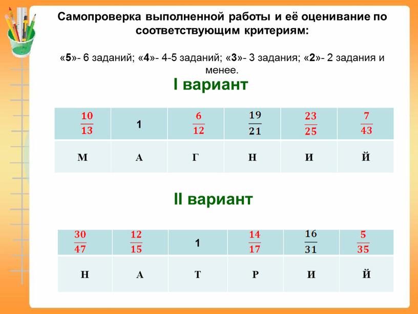 I вариант II вариант 1) 2) Самопроверка выполненной работы и её оценивание по соответствующим критериям: « 5 »- 6 заданий; « 4 »- 4-5 заданий;…