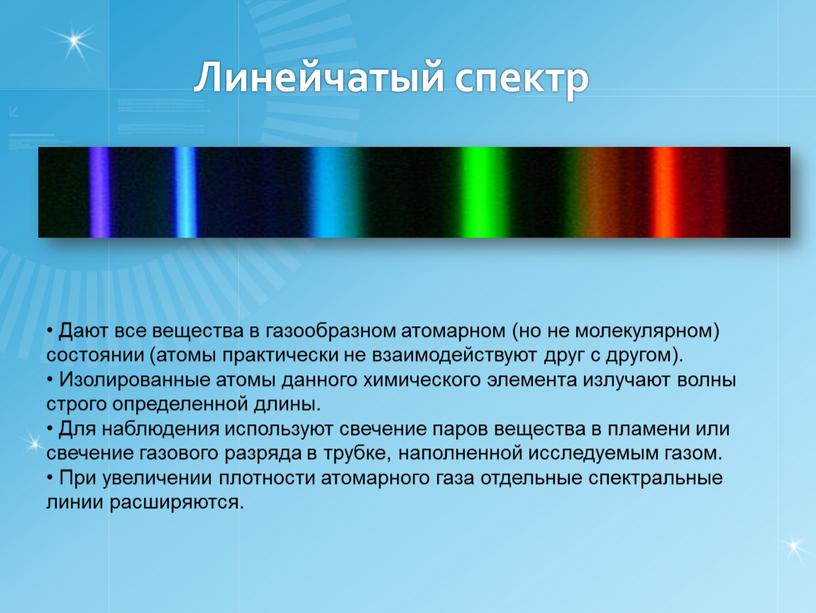 Линейчатый спектр Дают все вещества в газообразном атомарном (но не молекулярном) состоянии (атомы практически не взаимодействуют друг с другом)