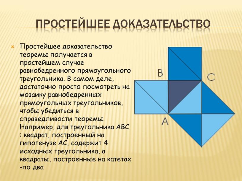 Простейшее Доказательство Простейшее доказательство теоремы получается в простейшем случае равнобедренного прямоугольного треугольника