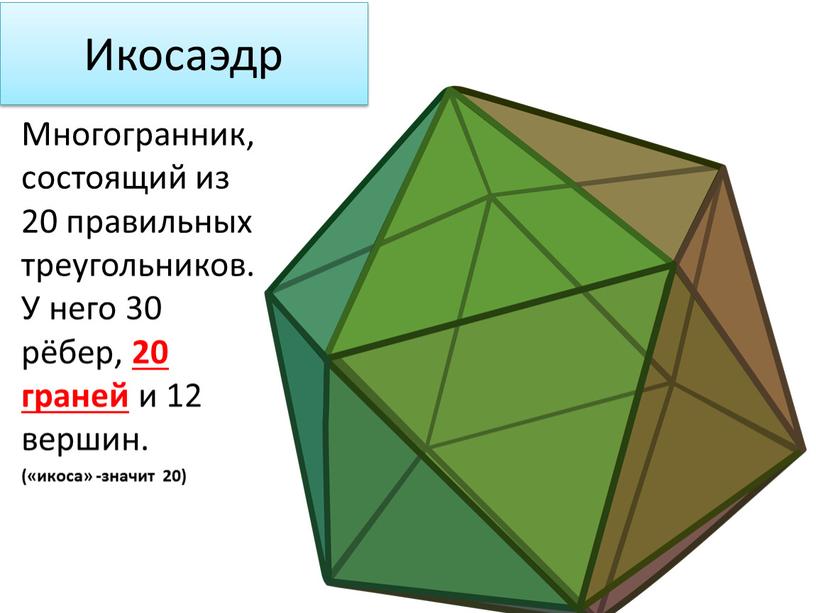 Икосаэдр Многогранник, состоящий из 20 правильных треугольников