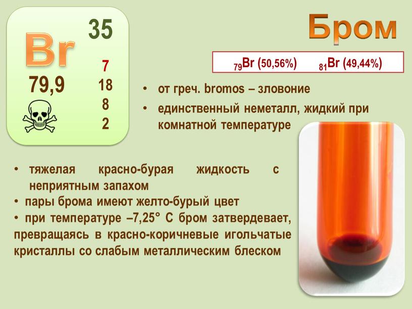 Вr (50,56%) 81Вr (49,44%) пары брома имеют желто-бурый цвет при температуре –7,25°