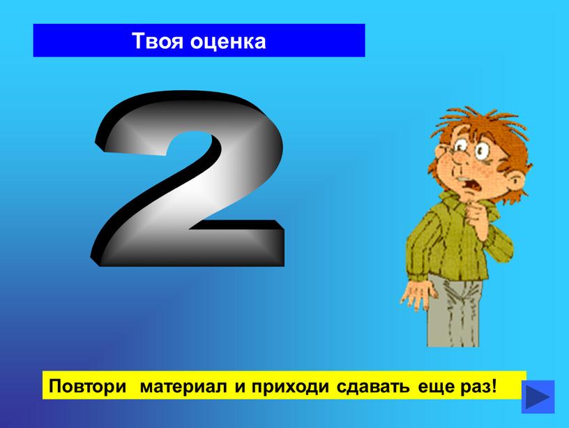 Твоя оценка 2 Повтори материал и приходи сдавать еще раз!