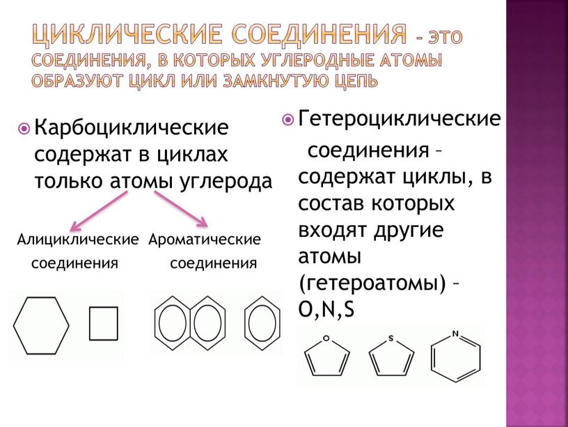 Циклические соединения – это соединения, в которых углеродные атомы образуют цикл или замкнутую цепь