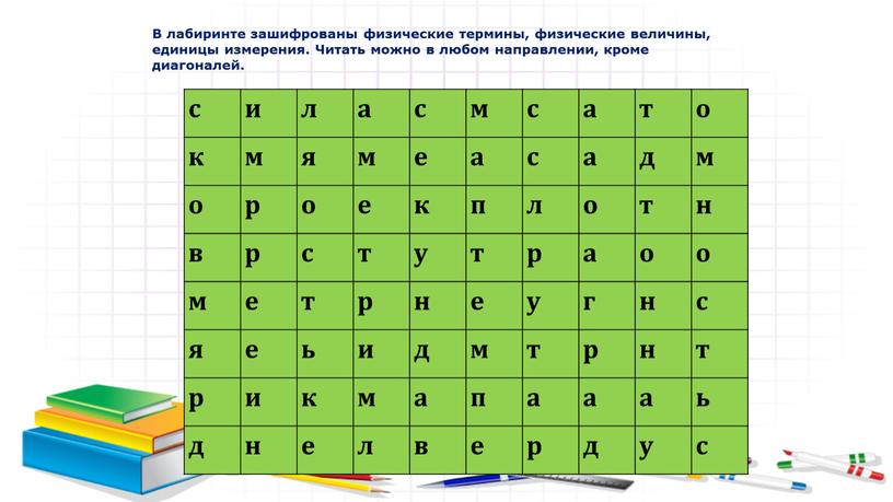 В лабиринте зашифрованы физические термины, физические величины, единицы измерения