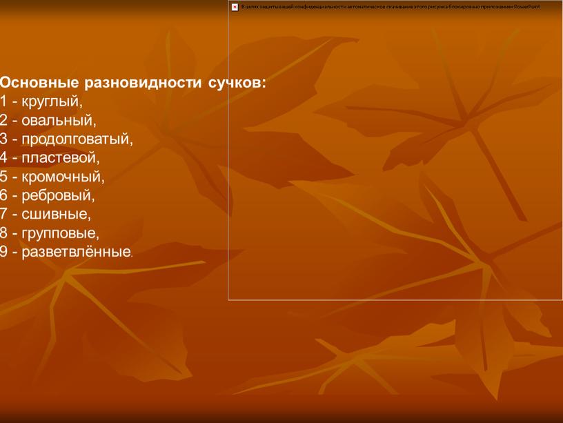 Основные разновидности сучков: 1 - круглый, 2 - овальный, 3 - продолговатый, 4 - пластевой, 5 - кромочный, 6 - ребровый, 7 - сшивные, 8…