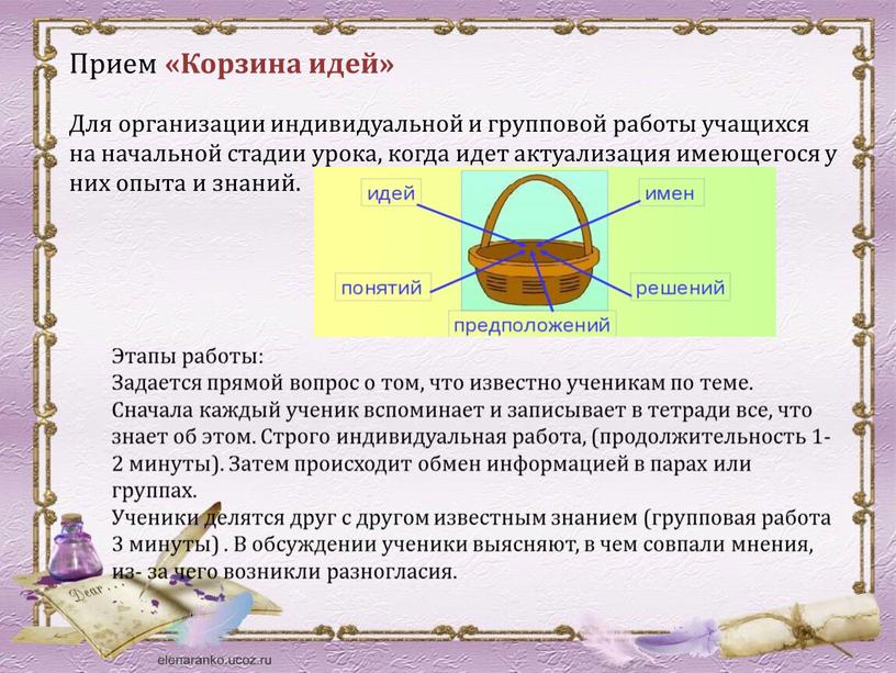 Прием «Корзина идей» Для организации индивидуальной и групповой работы учащихся на начальной стадии урока, когда идет актуализация имеющегося у них опыта и знаний