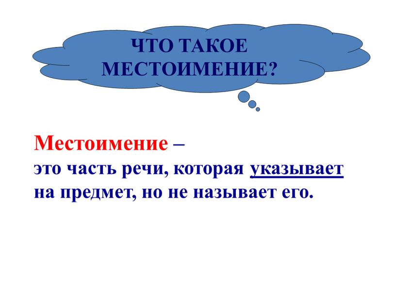 ЧТО ТАКОЕ МЕСТОИМЕНИЕ? Местоимение – это часть речи, которая указывает на предмет, но не называет его