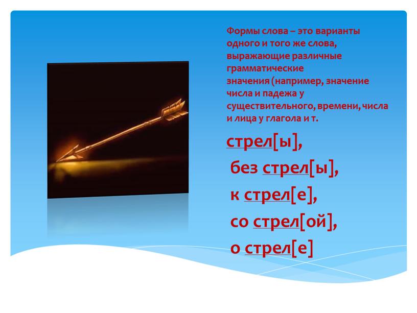 Формы слова – это варианты одного и того же слова, выражающие различные грамматические значения (например, значение числа и падежа у существительного, времени, числа и лица…