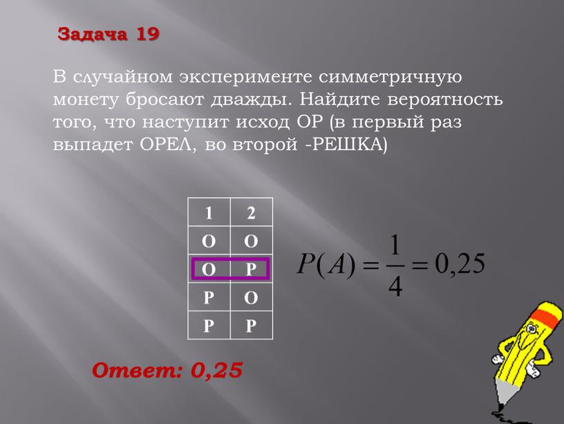 О Р Р О Ответ: 0,25 В случайном эксперименте симметричную монету бросают дважды