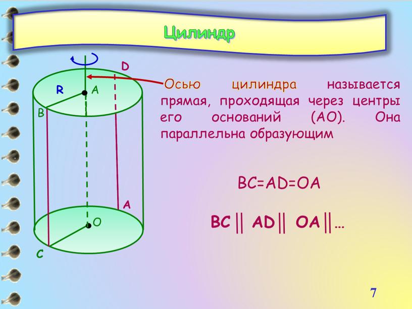 Осью цилиндра называется прямая, проходящая через центры его оснований (АО)