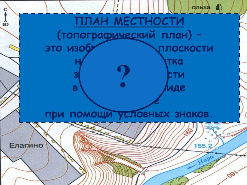 ПЛАН МЕСТНОСТИ (топографический план) – это изображение на плоскости небольшого участка земной поверхности в уменьшенном виде в масштабе при помощи условных знаков