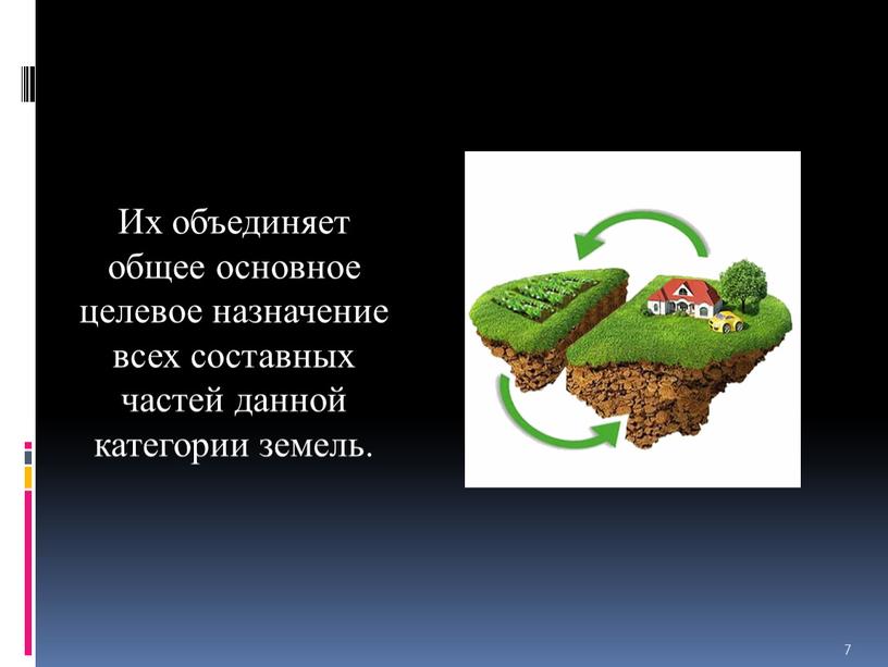 Их объединяет общее основное целевое назначение всех составных частей данной категории земель