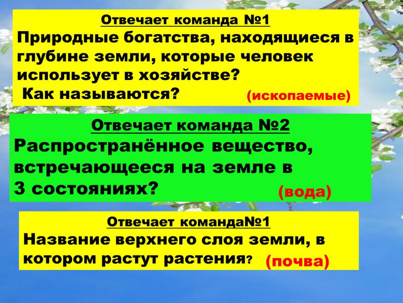 Отвечает команда №1 Природные богатства, находящиеся в глубине земли, которые человек использует в хозяйстве?