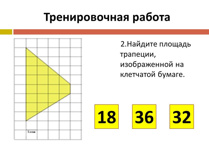 Тренировочная работа 2.Найдите площадь трапеции, изображенной на клетчатой бумаге