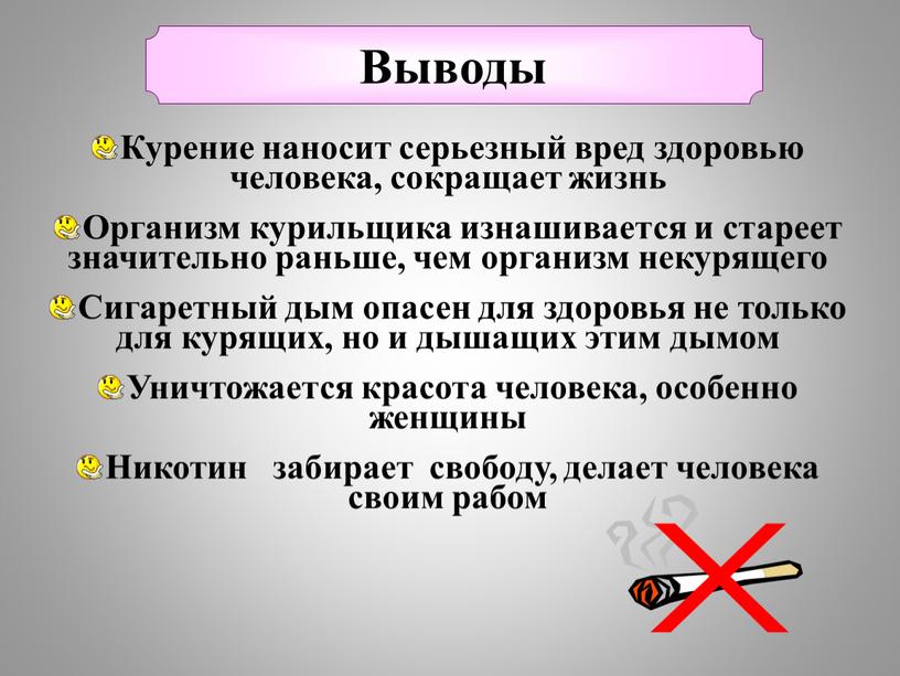 Выводы Курение наносит серьезный вред здоровью человека, сокращает жизнь