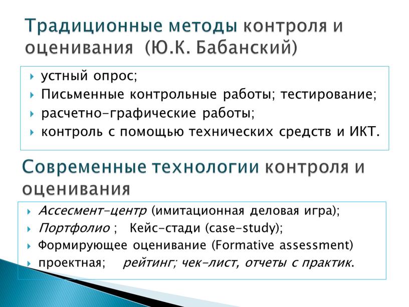 Традиционные методы контроля и оценивания (Ю