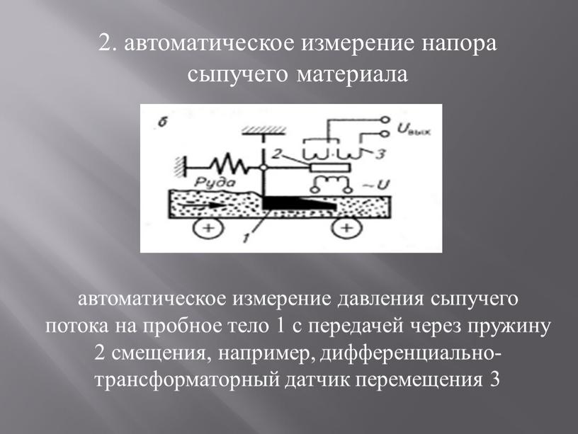 2. автоматическое измерение напора сыпучего материала автоматическое измерение давления сыпучего потока на пробное тело 1 с передачей через пружину 2 смещения, например, дифференциально-трансформаторный датчик перемещения…