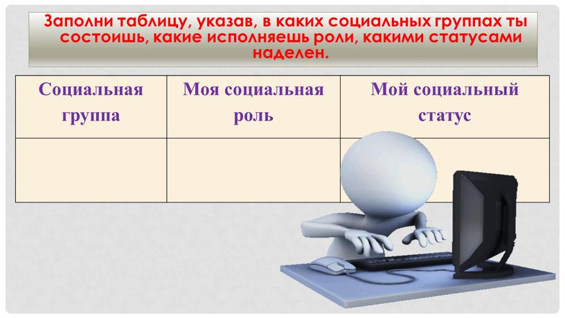 Заполни таблицу, указав, в каких социальных группах ты состоишь, какие исполняешь роли, какими статусами наделен