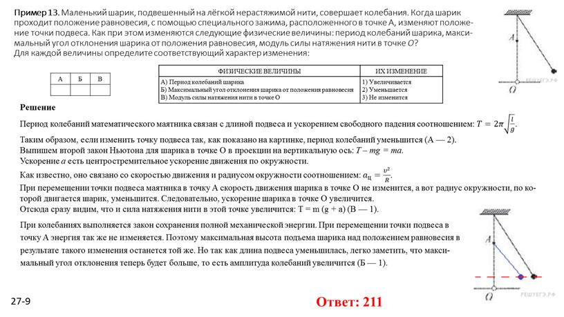 Пример 13. Ма­лень­кий шарик, под­ве­шен­ный на лёгкой не­рас­тя­жи­мой нити, со­вер­ша­ет ко­ле­ба­ния