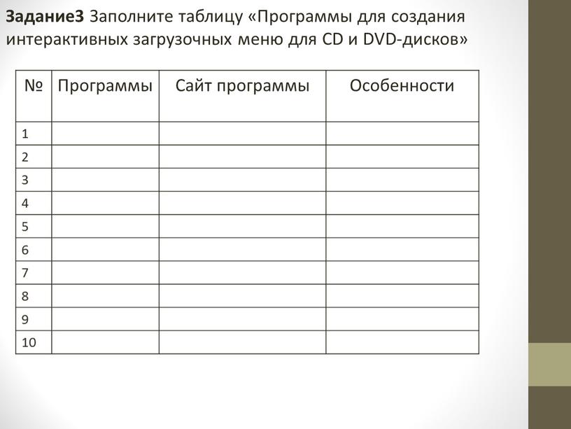 Программы Сайт программы Особенности 1 2 3 4 5 6 7 8 9 10