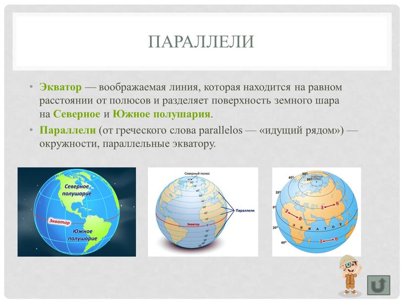 Параллели Экватор — воображаемая линия, которая находится на равном расстоянии от полюсов и разделяет поверхность земного шара на