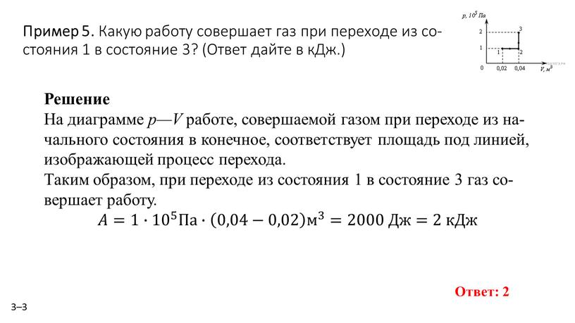 Пример 5. Какую ра­бо­ту со­вер­ша­ет газ при пе­ре­хо­де из со­сто­я­ния 1 в со­сто­я­ние 3? (Ответ дайте в кДж