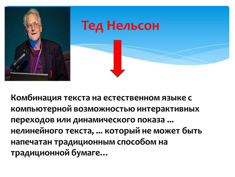 Тед Нельсон Комбинация текста на естественном языке с компьютерной возможностью интерактивных переходов или динамического показа