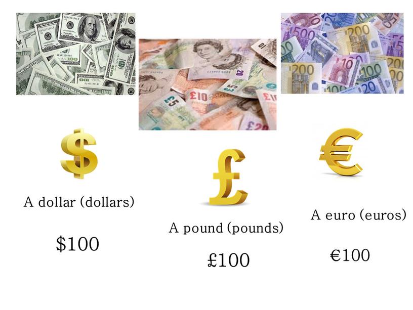 A dollar (dollars) $100 £100 A pound (pounds)
